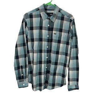 Hurley Long Sleeve Plaid Button Down Shirt Black Blue Medium